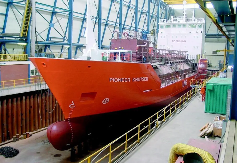 Sections of Knutsens new bi-fuel tanker during assembly at Bijlsma.