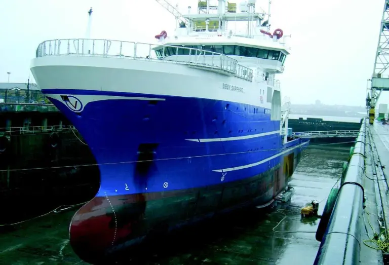 The offshore construction vessel Bibby Sapphire is seen in NSLs Birkenhead Yard dry dock for conversion to a dive support vessel.