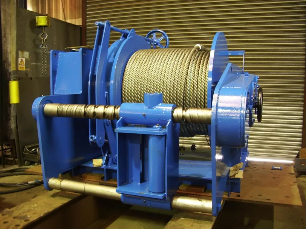 One of North Sea Winches’ 15 ton mooring winches for a cable laying vessel is seen being prepared for witness load testing.