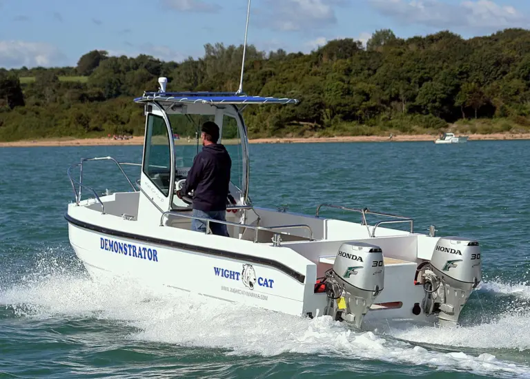 The Wight Cat will make an impressive 24-26 knots powered by two 30 hp outboards