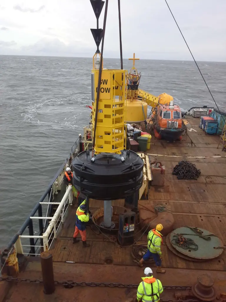 Cardinal buoys and special marks are deployed using the Trinity House vessel Galatea