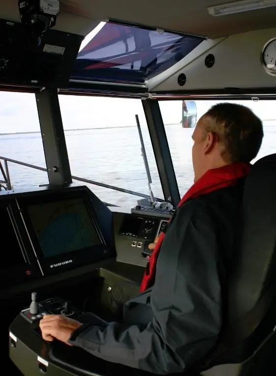 At the wheel (or joystick) of Baltic's 15m wave piercing pilot boat