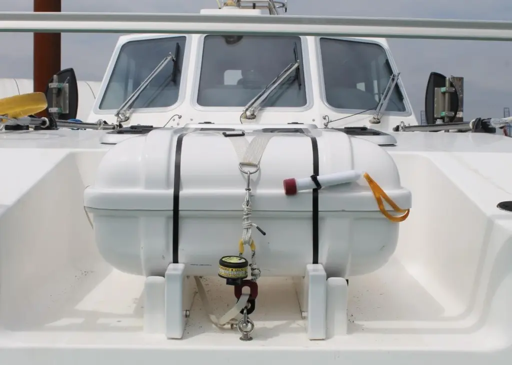 Ocean Safety rental canister liferaft on workboat