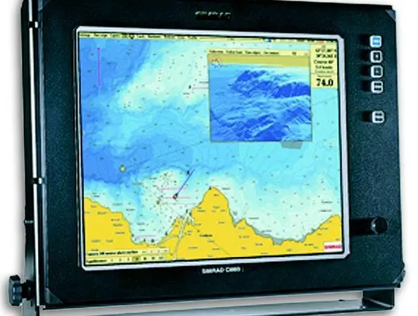The Simrad CM60 high-speed plotter combining echosounder depth data and GPS input for real-time topographic seabed mapping.