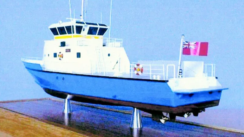 A model of the RAF training launch showing the crane position amidships.