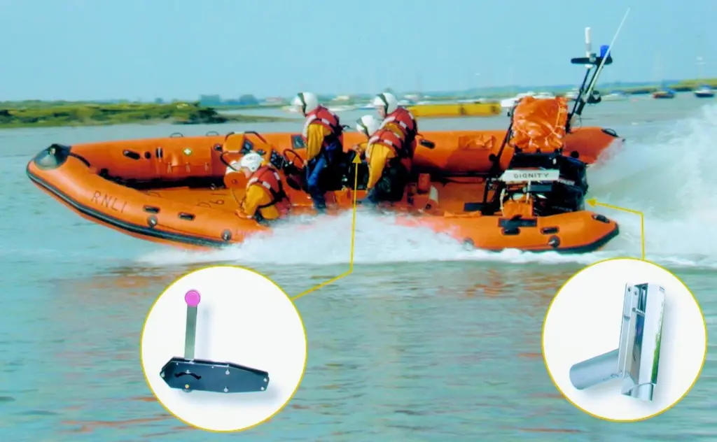 An RNLI Atlantic 75 RIB with detail of the control unit and ballast valve (on right).