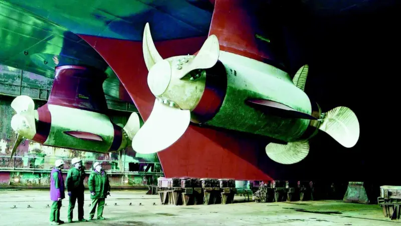 Turnable pods mounted at the stern of the vessel provide thrust in any direction.
