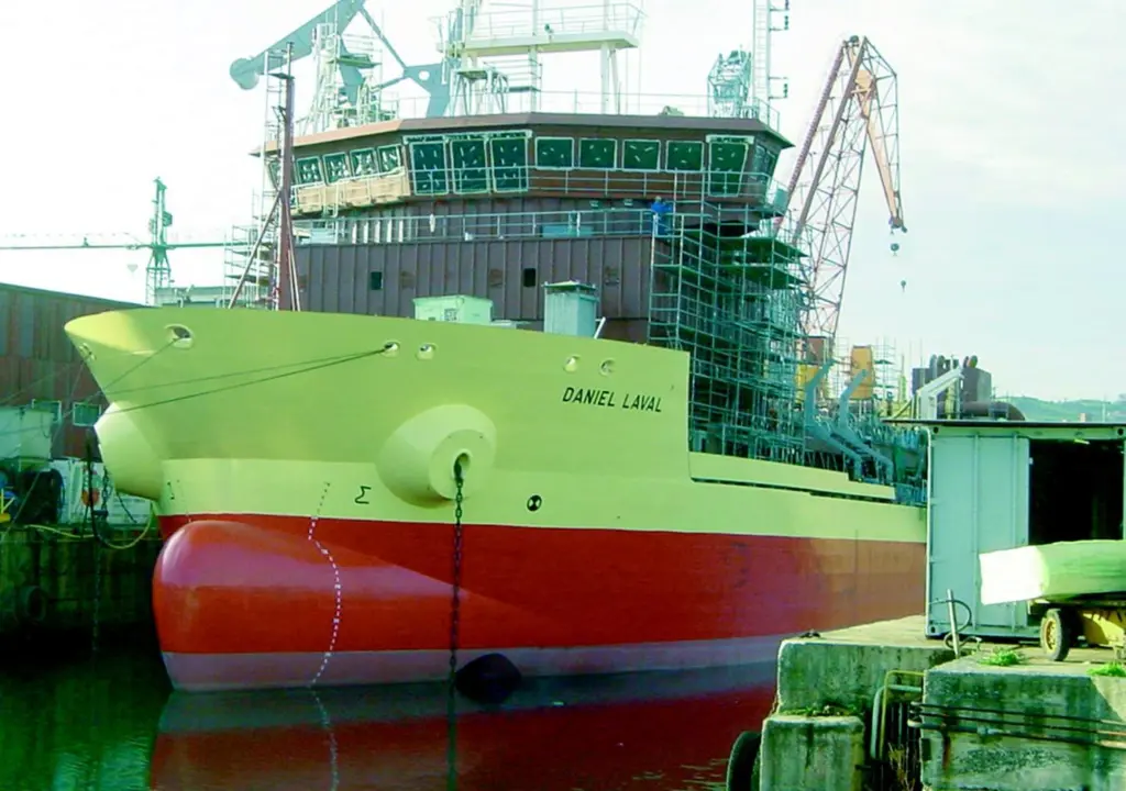 The Daniel Laval is seen during final fitting out at the Spains IZAR Gijon shipyard.