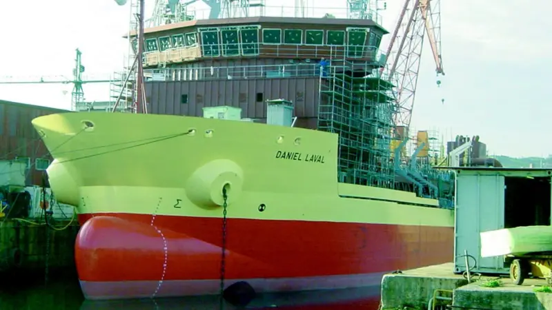 The Daniel Laval is seen during final fitting out at the Spains IZAR Gijon shipyard.
