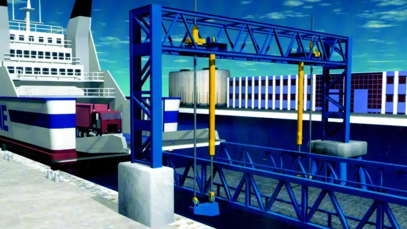 Schematic of a typical ro-ro ferry linkspan showing Rosafe braking devices installed either side of the normal hydraulic lifting cylinders (yellow).