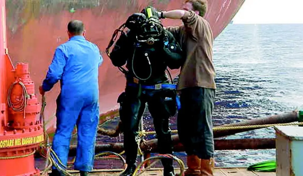 One of the UMC dive team effecting repairs to a vessel at anchor off Malta.