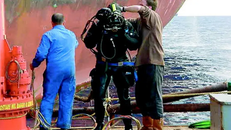 One of the UMC dive team effecting repairs to a vessel at anchor off Malta.