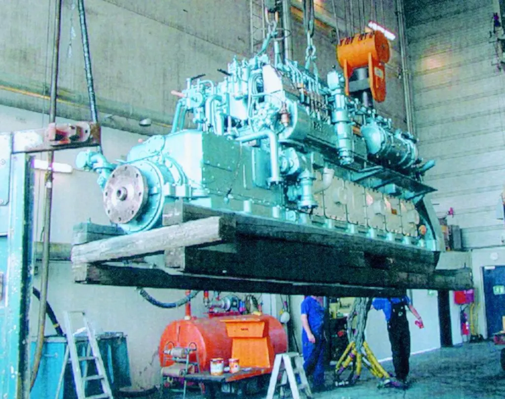 The reconditioned 600 hp B&W Alpha engine awaits installation, complete with shaft servo unit for a directly coupled CP propeller.