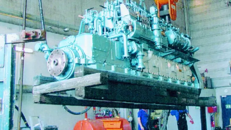 The reconditioned 600 hp B&W Alpha engine awaits installation, complete with shaft servo unit for a directly coupled CP propeller.