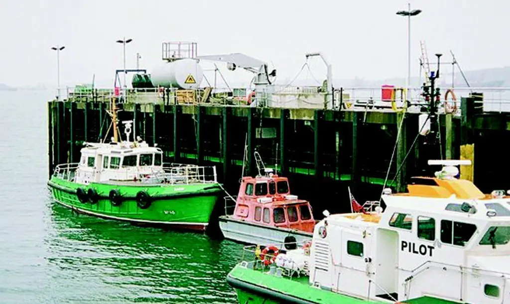 The recycled plastic fender pilings are seen in place at the Milford Haven Port Authoritys refurbished pilot jetty.