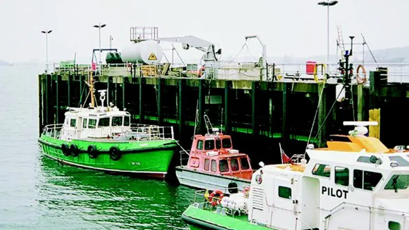 The recycled plastic fender pilings are seen in place at the Milford Haven Port Authoritys refurbished pilot jetty.