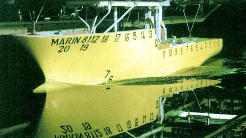 A ship model is tested in MARINs new Depressurised Towing Tank.