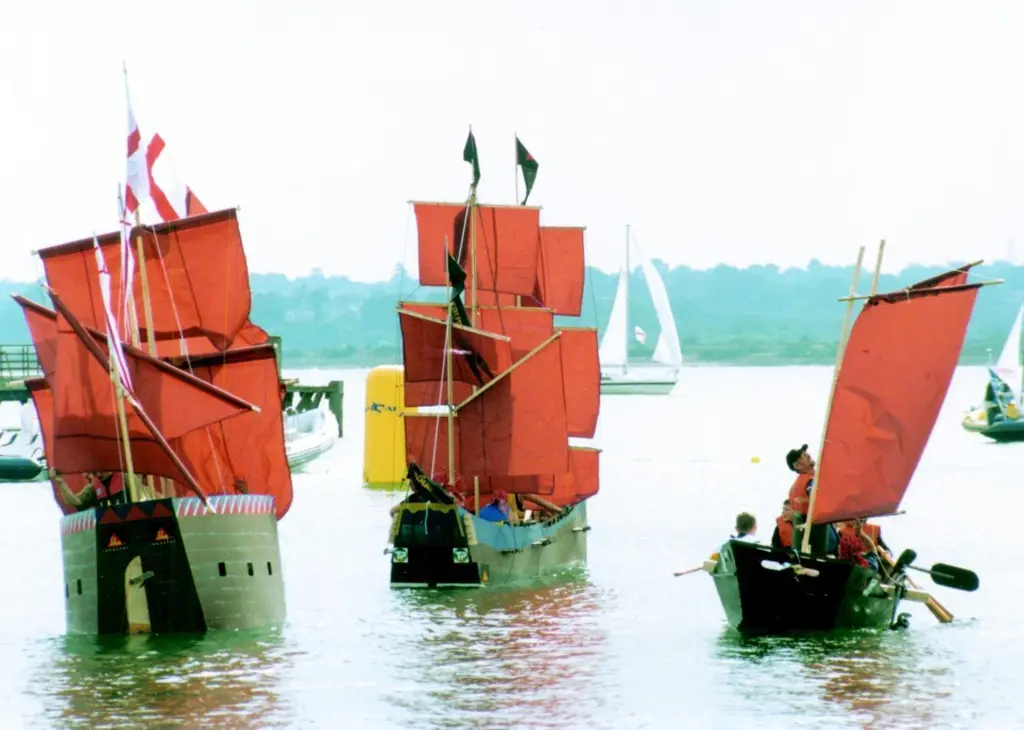 The historic warships, held together by elastic adhesive, take to the water at the Southampton Boat Show.