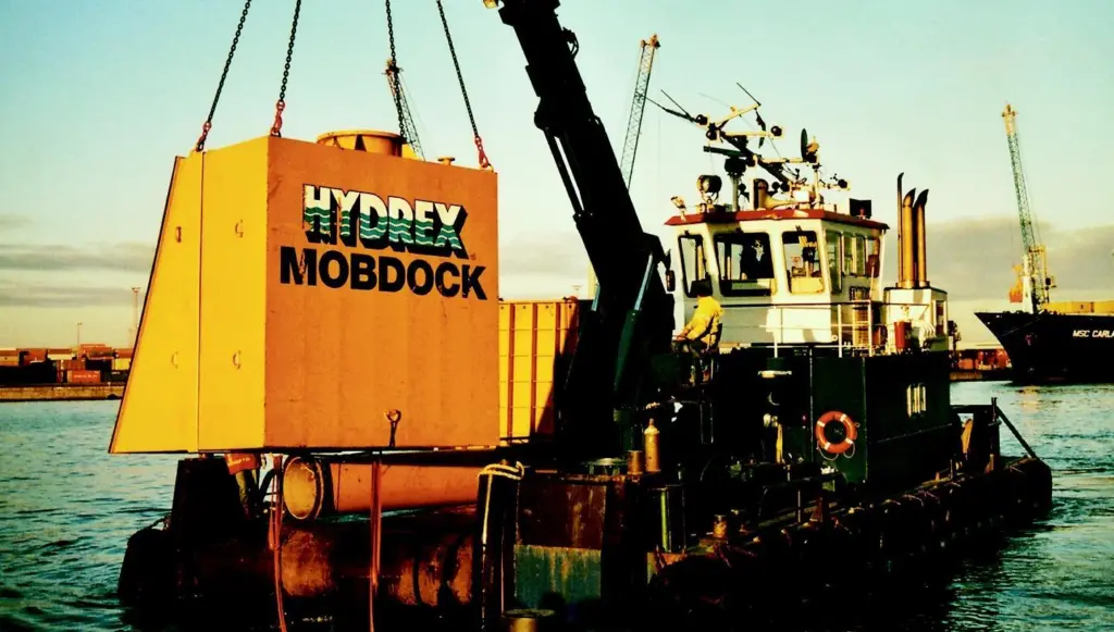 Mobdock being lowered into water.