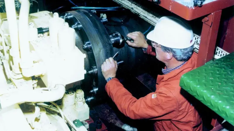 Pilgrim radial fit bolts being installed and hydraulically tensioned in one of four flanges being retrofitted aboard CalMacs Isle of Lewis.