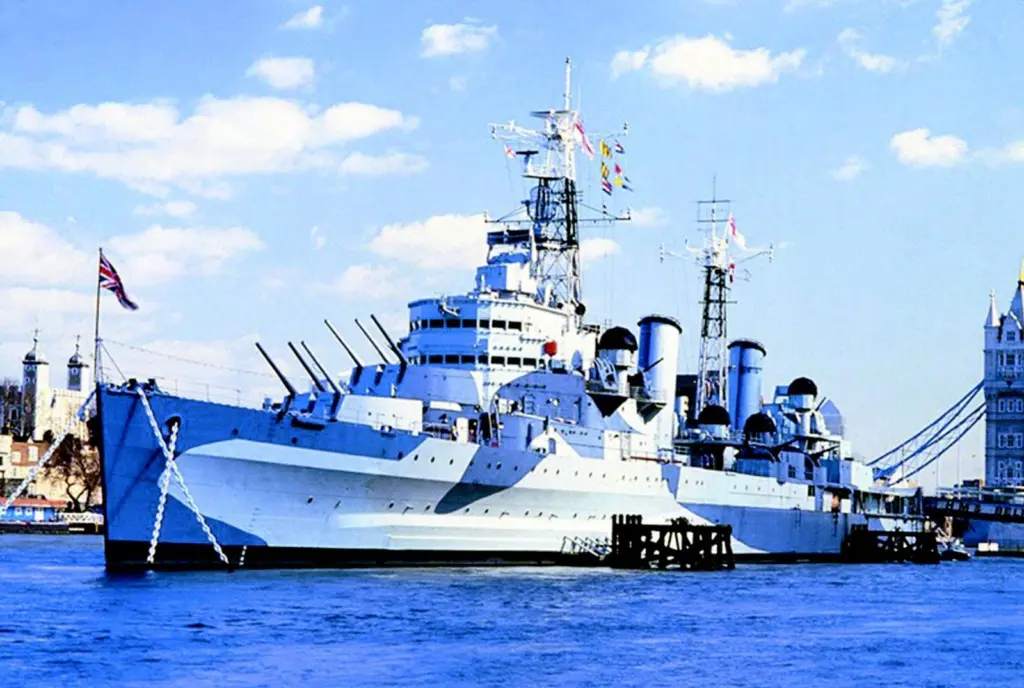 The HMS Belfast lies at permanent anchorage by Londons Tower Bridge. Photo courtesy of Imperial War Museum.