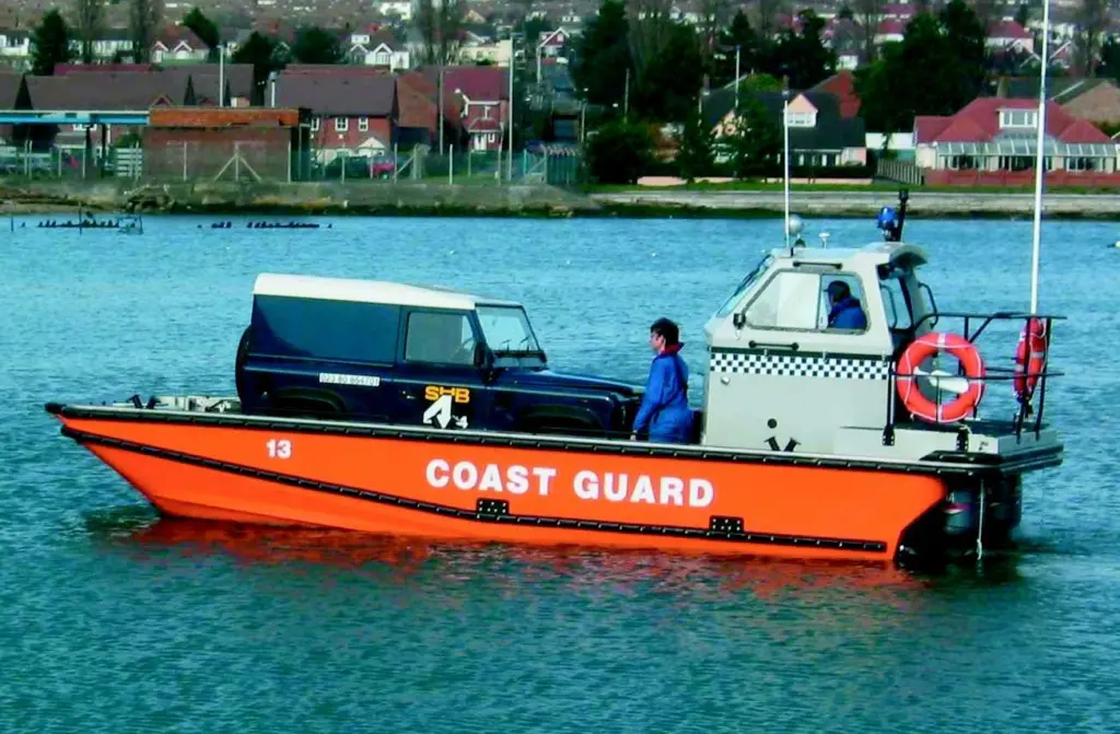 The RTK Logistic Support Boat features a manually operated bow ramp which enables a Land Rover to drive on board.