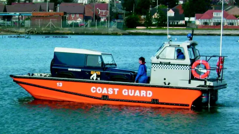 The RTK Logistic Support Boat features a manually operated bow ramp which enables a Land Rover to drive on board.