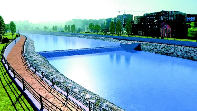 Before and after. This computer-generated image shows how the Ria Aviles will look when works are completed. The photo below was taken at the start of the project.