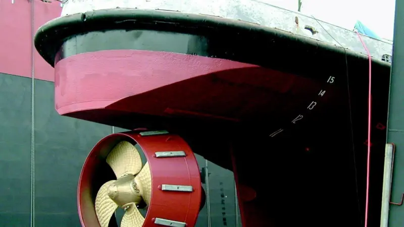 The single Schottel propulsion unit has a CP propeller. Donal G McAllister is one of two former navy tugs converted to single ASD propulsion.