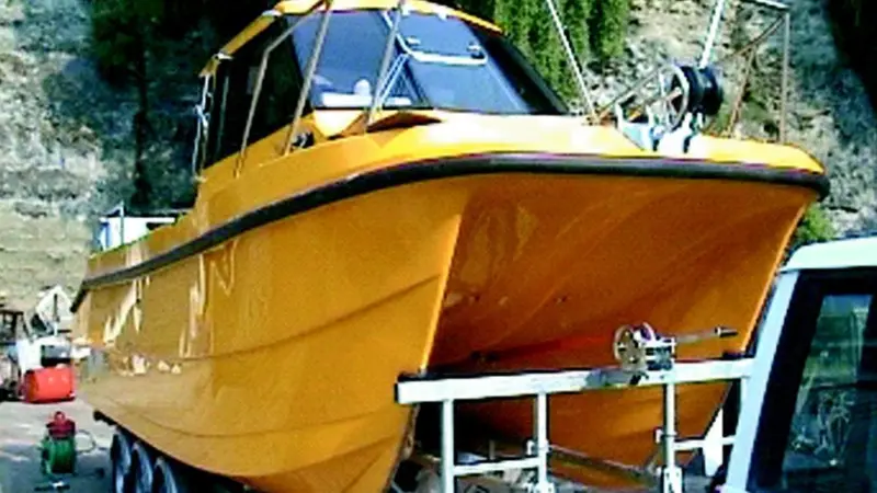 The first Cheetah 7.9m is seen on its custom-built trailer.