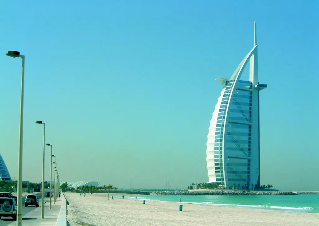 The striking Burj al Arab Hotel which houses the video cameras used to monitor the beach.