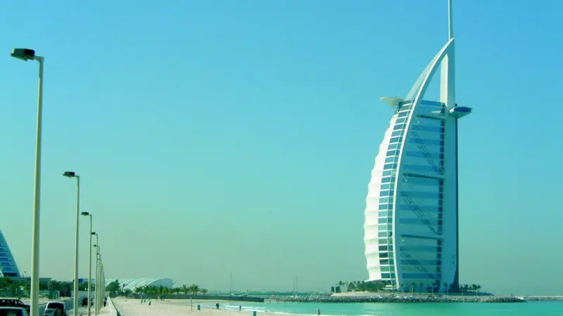 The striking Burj al Arab Hotel which houses the video cameras used to monitor the beach.