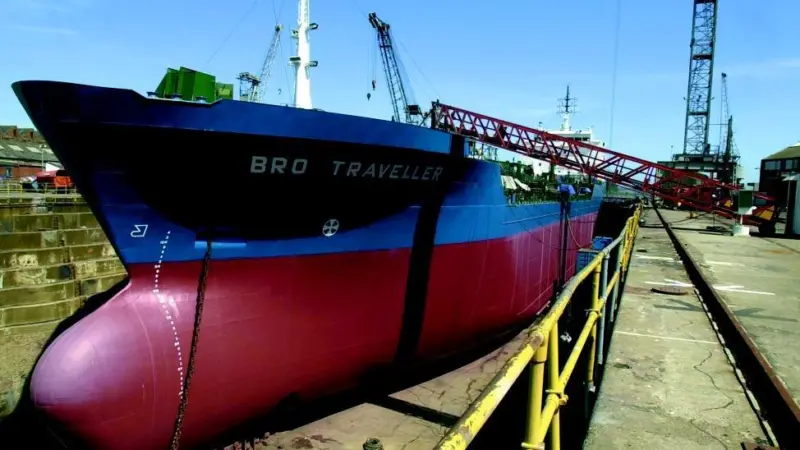 Brostroms tanker Bro Traveller is seen in dry dock at A&P Falmouth.