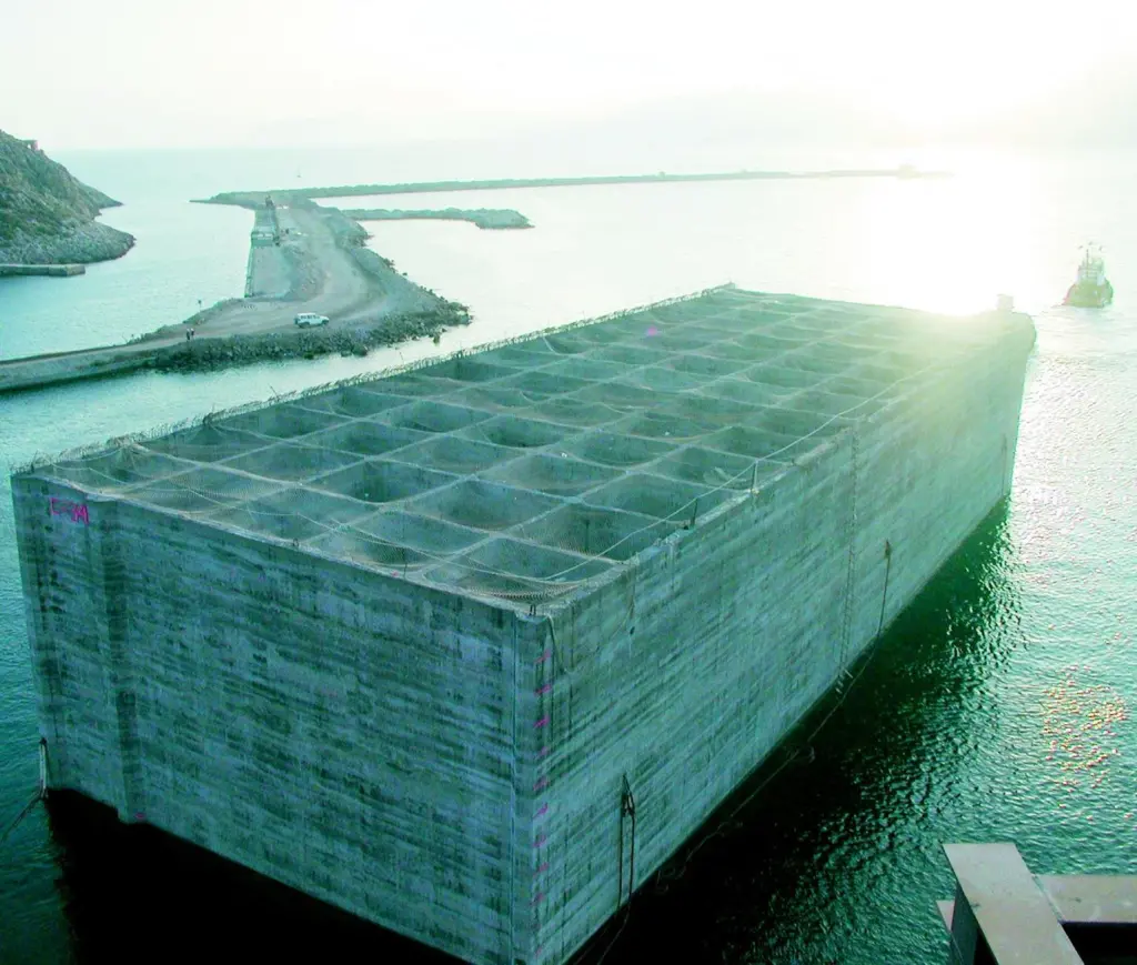 Above left: A tug tows one of the huge concrete blocks to its destination.