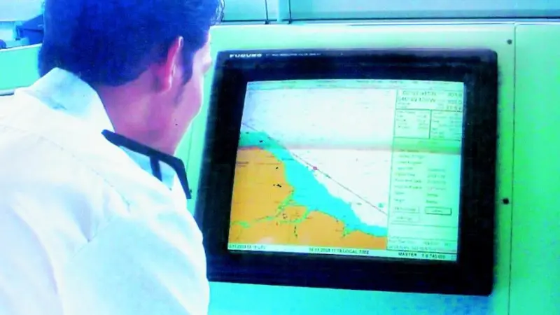 An officer on board the European Spirit is seen using the Admiralty ECDIS Service during trials still underway.