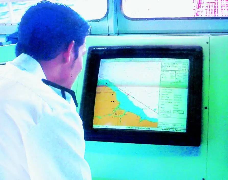 An officer on board the European Spirit is seen using the Admiralty ECDIS Service during trials still underway.