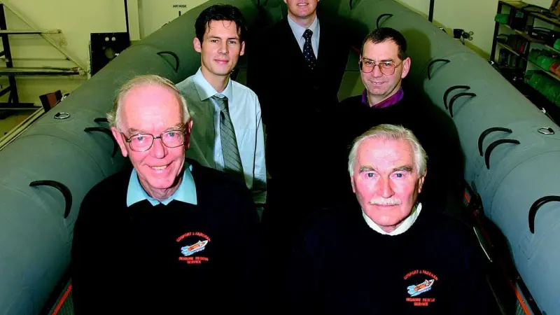 Hand over day at Halmatic. Clockwise from left are GAFIRS Treasurer John Martyn, Richard Featherstone and Andrew Hughes of Halmatic, GAFIRS Chairman Steve Hobbs and Project Manager Phil Barfield.