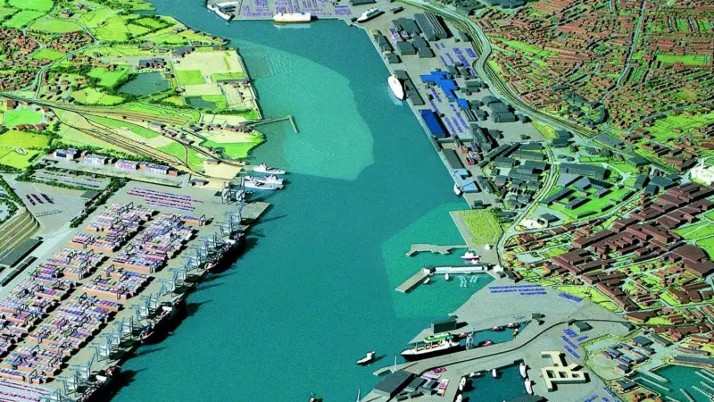 An aerial view model shows the Port of Southamptons proposed Dibden Bay terminal on the left.