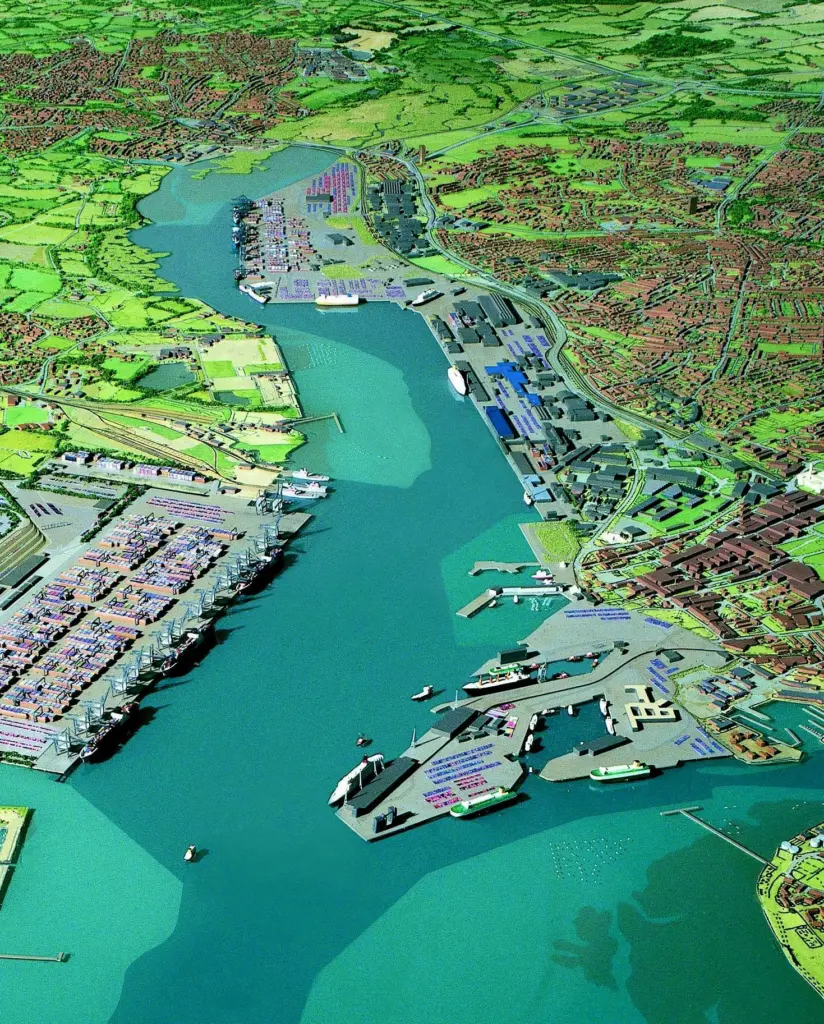 An aerial view model shows the Port of Southamptons proposed Dibden Bay terminal on the left.