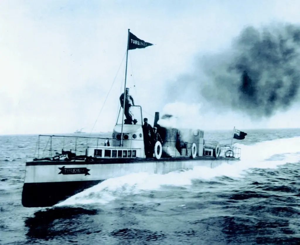 A reality virtually ahead of its time. The steam turbine driven Turbinia, out of service since 1907, was capable of 34.5 knots.