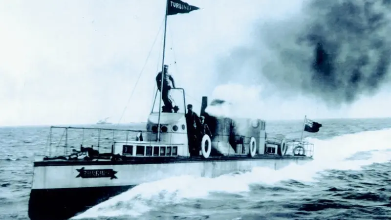 A reality virtually ahead of its time. The steam turbine driven Turbinia, out of service since 1907, was capable of 34.5 knots.