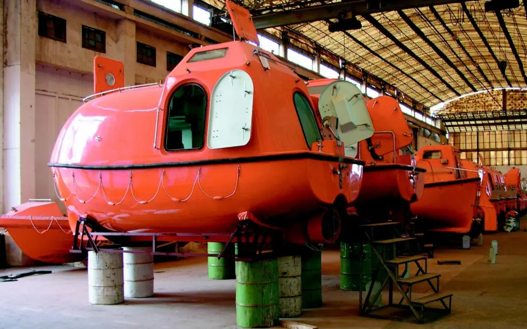 Lifeboats manufactured in China await delivery to European markets.
