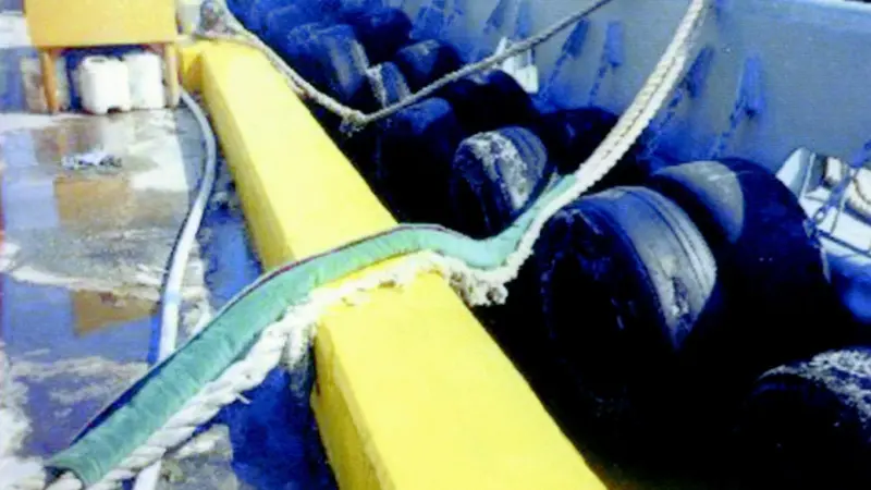 Actual photo showing overnight storm condition damage to a mooring rope. The rope protected with the Chafe-Pro was undamaged.