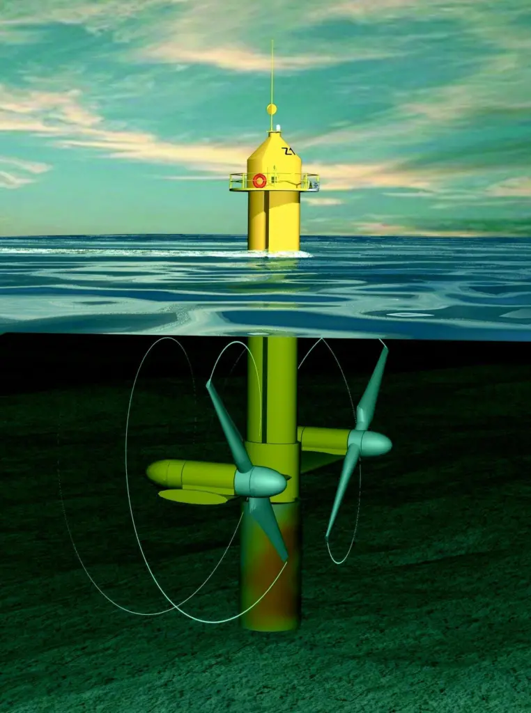 An artists impression of the SeaGen twin rotor megawatt prototype system due for installation in 2005.