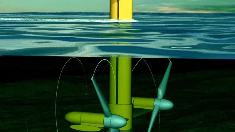An artists impression of the SeaGen twin rotor megawatt prototype system due for installation in 2005.
