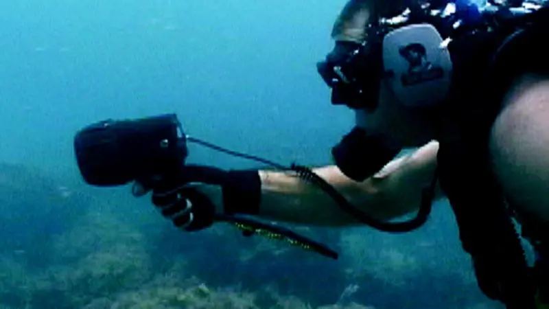 A diver with hand-held tracking device is directed towards the EMT pinger.