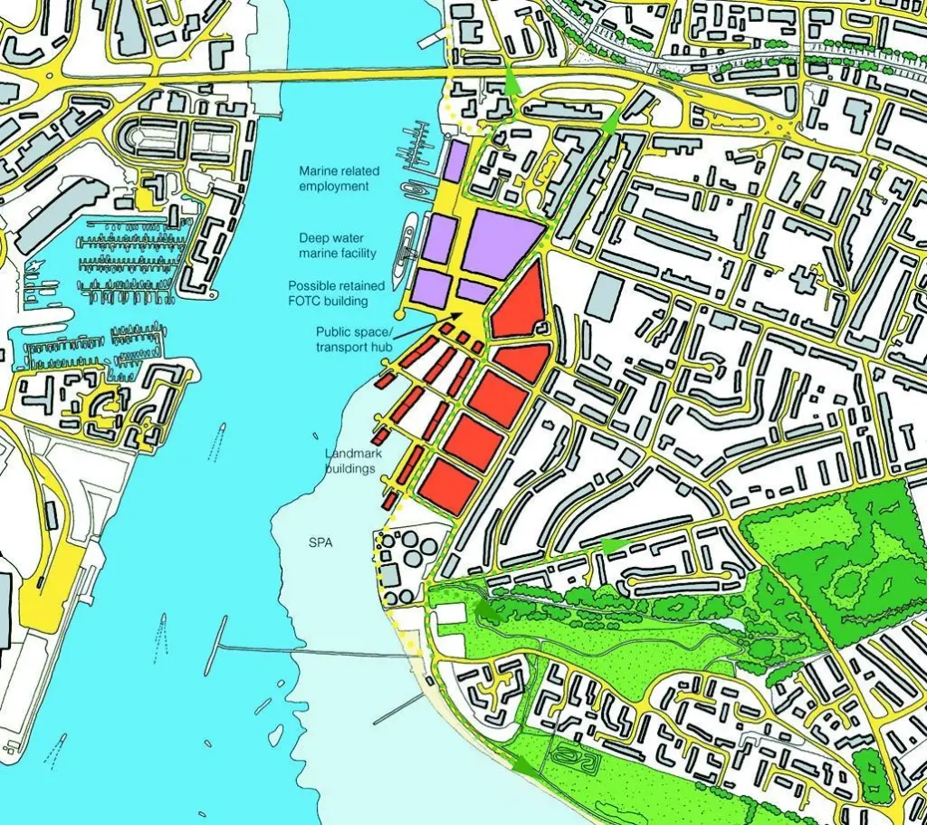 Woolston re-development illustrative master plan. Inset: The former Vosper Thornycroft site at Woolston could include a new, deep water facility and facilities for marine businesses.