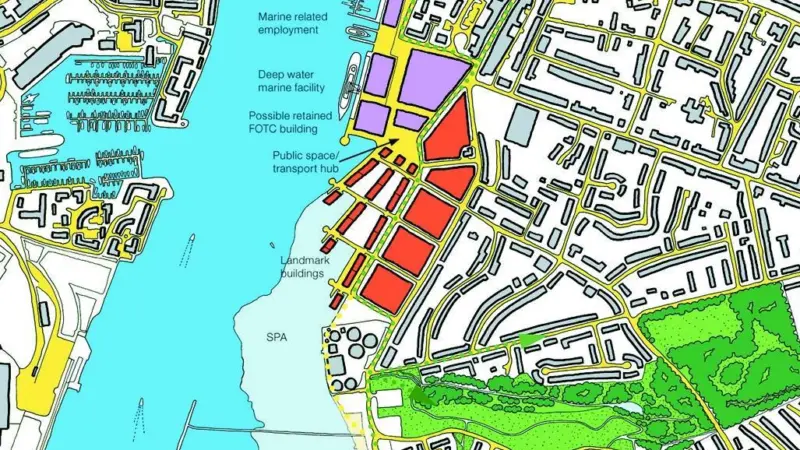 Woolston re-development illustrative master plan. Inset: The former Vosper Thornycroft site at Woolston could include a new, deep water facility and facilities for marine businesses.