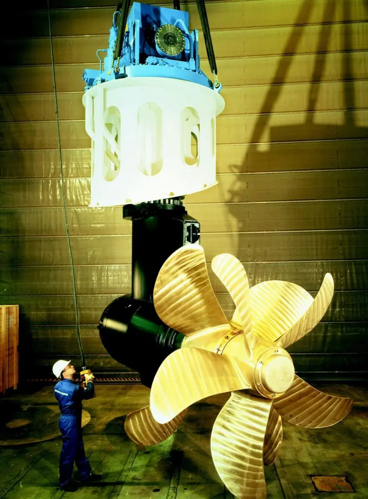 An Ulstein Aquamaster aximuth thrusters with contra-rotating propellers for a coastal ferry.