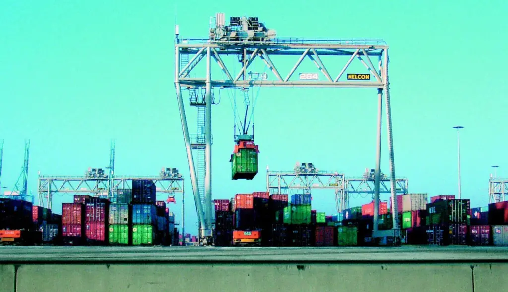 A Kalmar automated stacking crane operating at ECT Delta Terminal in Rotterdam.